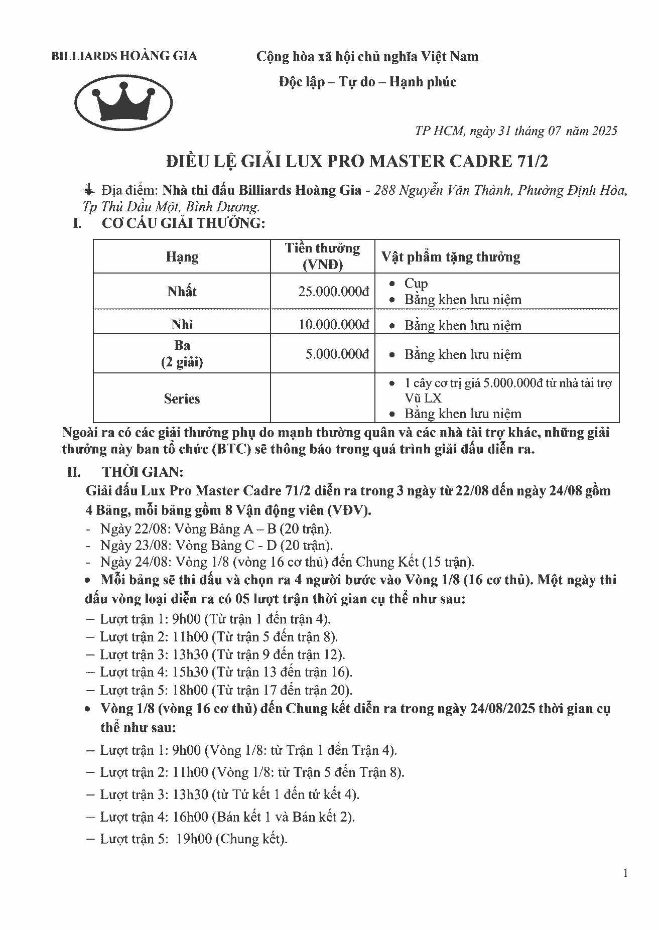 Điều lệ giải Lux Pro Master Cadre 71/2 (Trang 1)